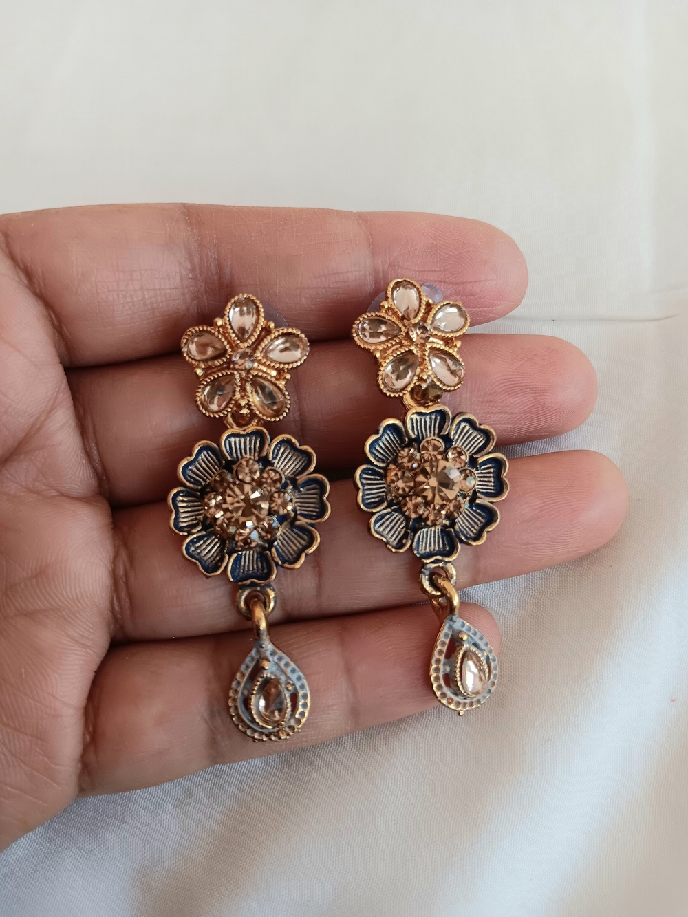 Beautiful Gold and Navy Floral Drop Earrings